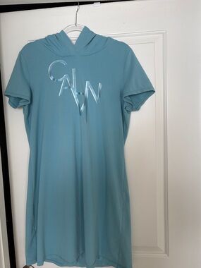Calvin Klein Sky Blue Hooded Tee Dress with Metallic Logo